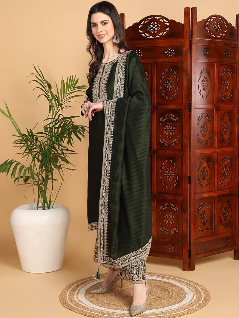 women olive silk blend solid embroidered straight kurta palazzos with dupatta