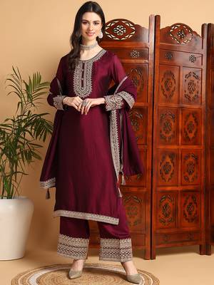 women wine silk blend solid embroidered straight kurta palazzos with dupatta 1