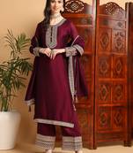 women wine silk blend solid embroidered straight kurta palazzos with dupatta