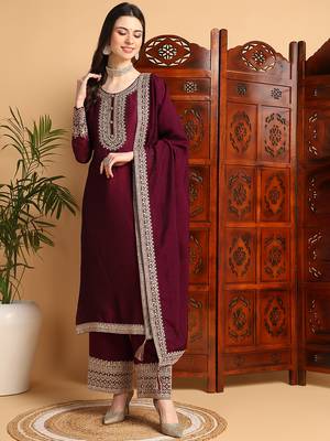 women wine silk blend solid embroidered straight kurta palazzos with dupatta 2