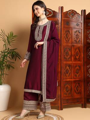 women wine silk blend solid embroidered straight kurta palazzos with dupatta 3