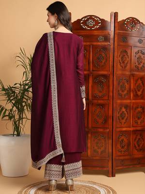 women wine silk blend solid embroidered straight kurta palazzos with dupatta 4