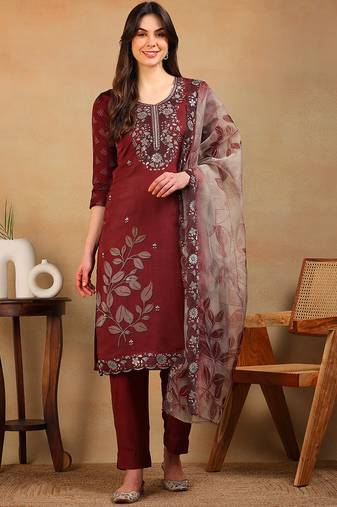women rust organza floral embroidered straight kurta trousers with dupatta