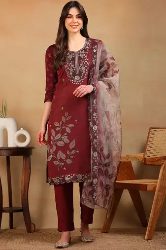 women rust organza floral embroidered straight kurta trousers with dupatta