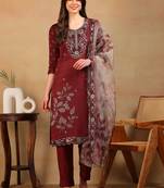women rust organza floral embroidered straight kurta trousers with dupatta