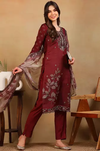 women rust organza floral embroidered straight kurta trousers with dupatta