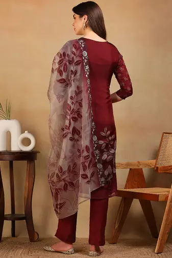 women rust organza floral embroidered straight kurta trousers with dupatta