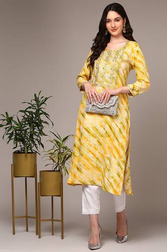 Women yellow printed rayon ethnic kurti