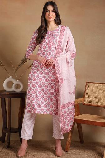 women off white rayon blend geometric printed straight kurta trousers with dupatta