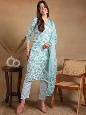 women off white poly rayon floral printed straight kurta trousers with dupatta 1