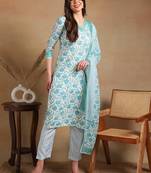 women off white poly rayon floral printed straight kurta trousers with dupatta