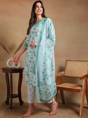 women off white poly rayon floral printed straight kurta trousers with dupatta 3