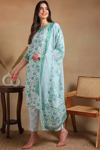 women off white poly rayon floral printed straight kurta trousers with dupatta