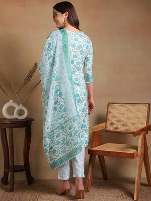 women off white poly rayon floral printed straight kurta trousers with dupatta 4