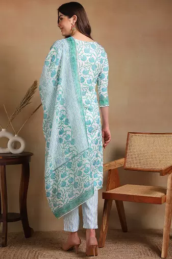 women off white poly rayon floral printed straight kurta trousers with dupatta