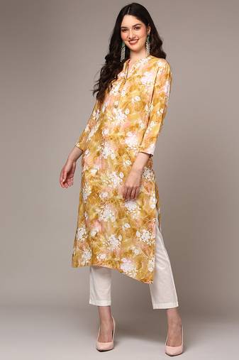 Women yellow printed rayon ethnic kurti