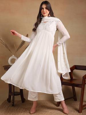 women off white poly georgette solid embroidered a-line kurta trousers with dupatta 1