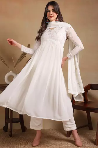 women off white poly georgette solid embroidered a-line kurta trousers with dupatta