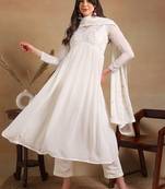 women off white poly georgette solid embroidered a-line kurta trousers with dupatta