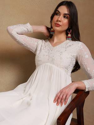 women off white poly georgette solid embroidered a-line kurta trousers with dupatta 2