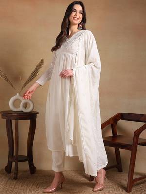 women off white poly georgette solid embroidered a-line kurta trousers with dupatta 3