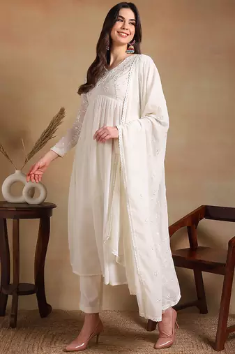 women off white poly georgette solid embroidered a-line kurta trousers with dupatta