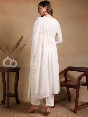 women off white poly georgette solid embroidered a-line kurta trousers with dupatta 4