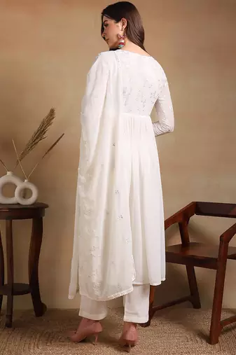 women off white poly georgette solid embroidered a-line kurta trousers with dupatta