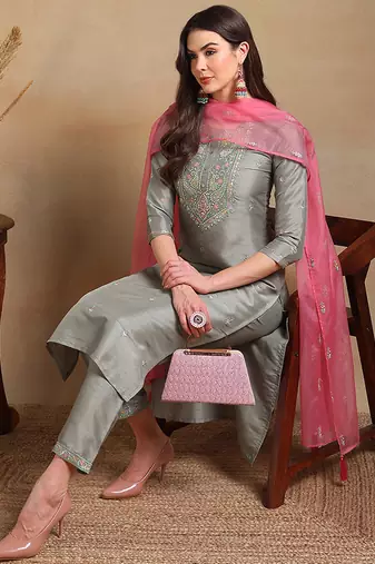 Grey Polyester Threadwork Salwar Kameez