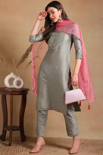 Grey Polyester Threadwork Salwar Kameez