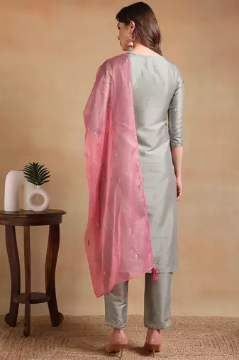 Grey Polyester Threadwork Salwar Kameez