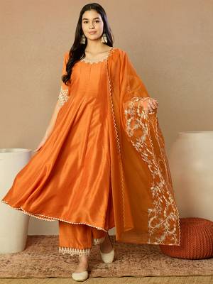 orange silk blend solid embroidered anarkali kurta trousers with dupatta 1