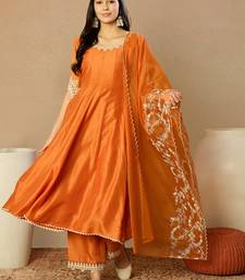 orange silk blend solid embroidered anarkali kurta trousers with dupatta