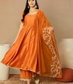 orange silk blend solid embroidered anarkali kurta trousers with dupatta