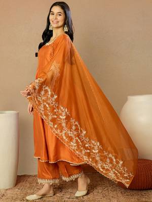 orange silk blend solid embroidered anarkali kurta trousers with dupatta 2