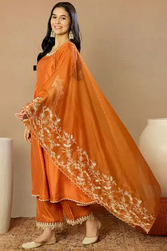 orange silk blend solid embroidered anarkali kurta trousers with dupatta