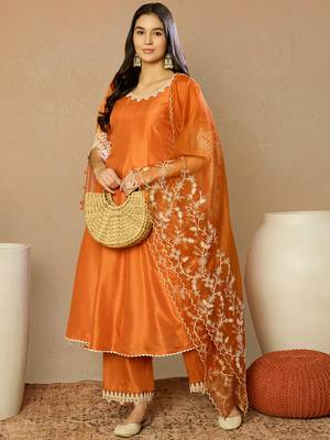 orange silk blend solid embroidered anarkali kurta trousers with dupatta 3
