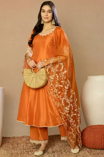 orange silk blend solid embroidered anarkali kurta trousers with dupatta