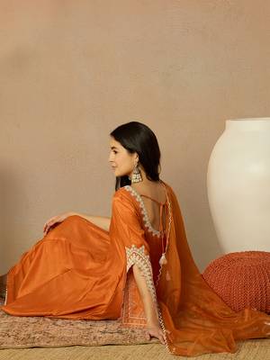 orange silk blend solid embroidered anarkali kurta trousers with dupatta 4