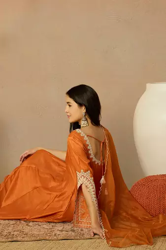 orange silk blend solid embroidered anarkali kurta trousers with dupatta