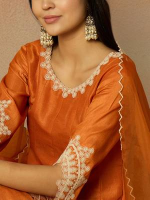 orange silk blend solid embroidered anarkali kurta trousers with dupatta 5