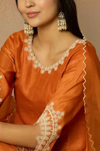 orange silk blend solid embroidered anarkali kurta trousers with dupatta