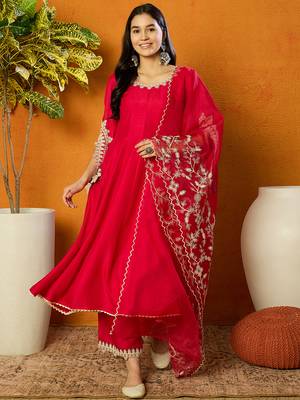 fuchsia silk blend solid embroidered anarkali kurta trousers with dupatta 1