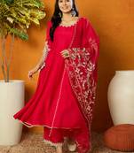 fuchsia silk blend solid embroidered anarkali kurta trousers with dupatta