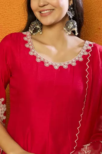 fuchsia silk blend solid embroidered anarkali kurta trousers with dupatta