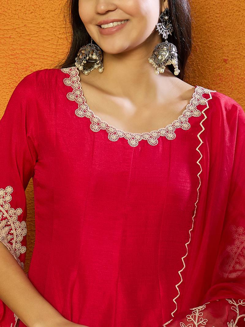 fuchsia silk blend solid embroidered anarkali kurta trousers with dupatta