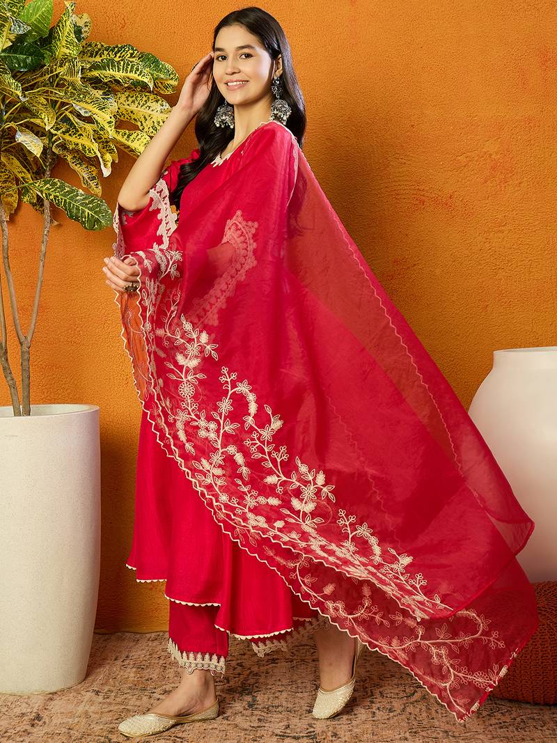 fuchsia silk blend solid embroidered anarkali kurta trousers with dupatta