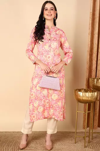 Women pink printed rayon ethnic kurti