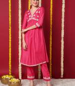 women pink silk blend solid embroidered straight kurta with trousers