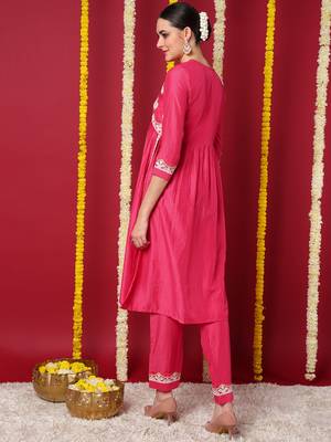 women pink silk blend solid embroidered straight kurta with trousers 4